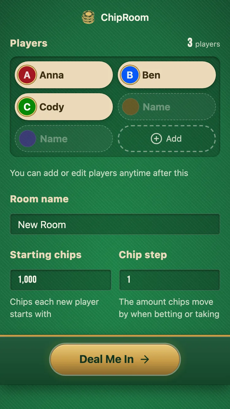 Screenshot of the player names and chip settings screen