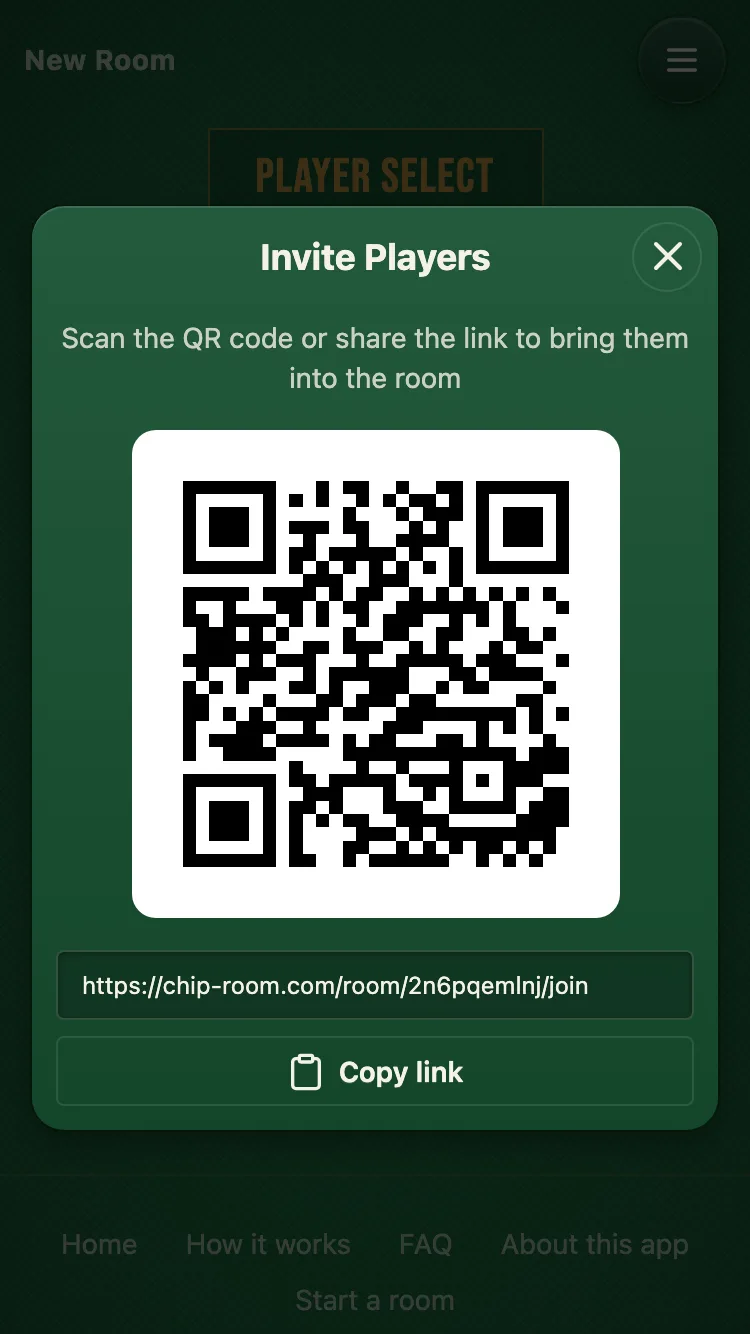 Screenshot of the invite screen with the QR code and URL