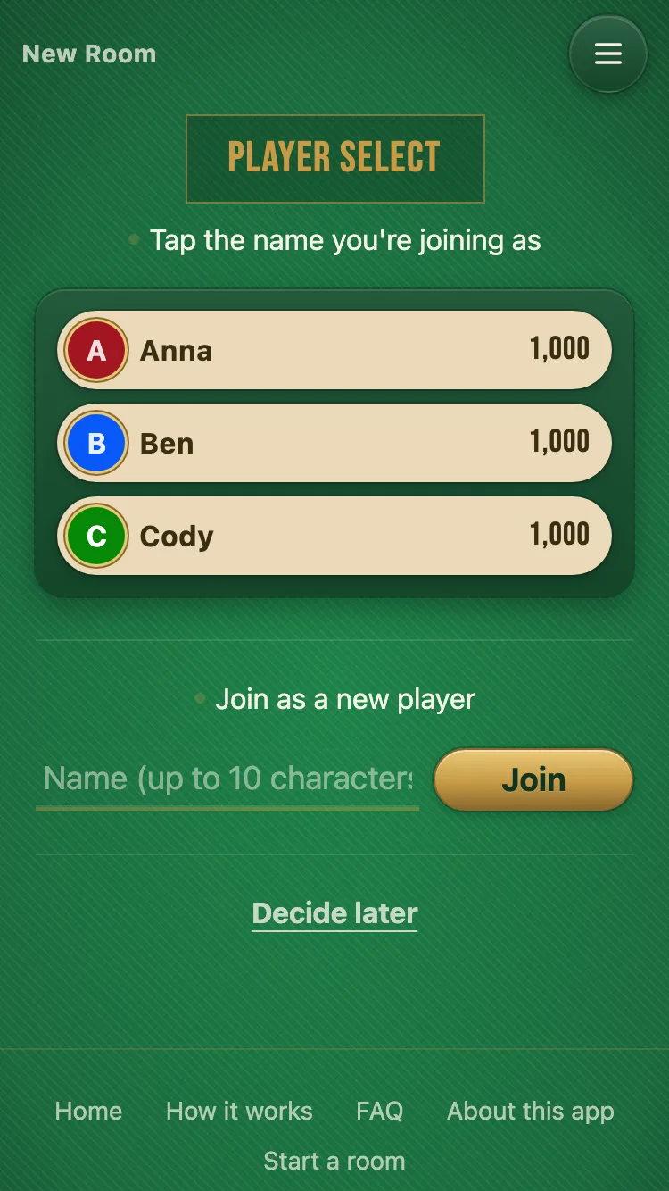 Screenshot of the player selection screen
